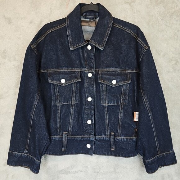 BLANKNYC Wide Hem Trucker Denim Jacket Womens Size XS Dark Blue Oversized Cotton - Picture 7 of 16